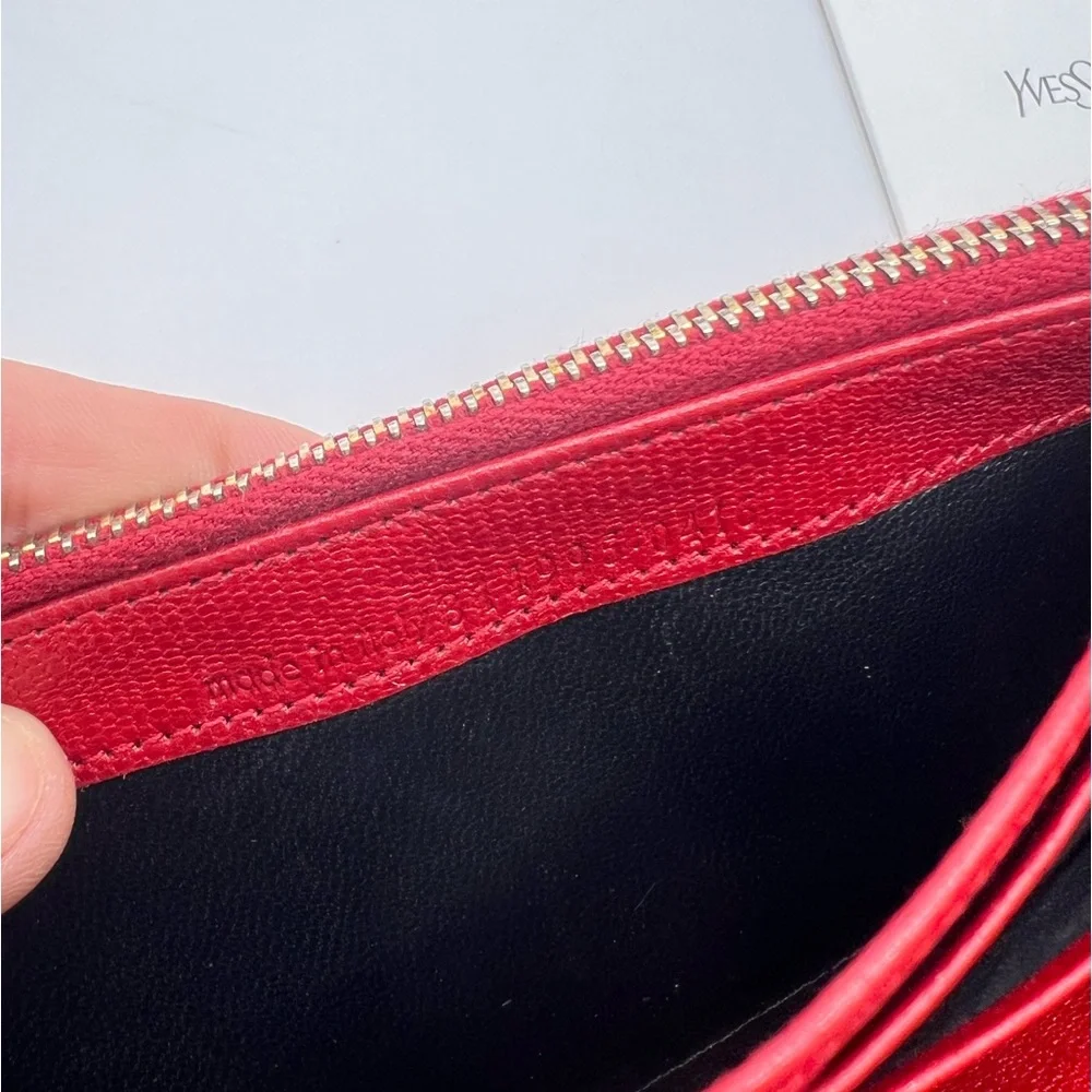 Authentic YSL Yves Saint Laurent Red Leather Classic Y-Ligne Wallet W/ Care Card
